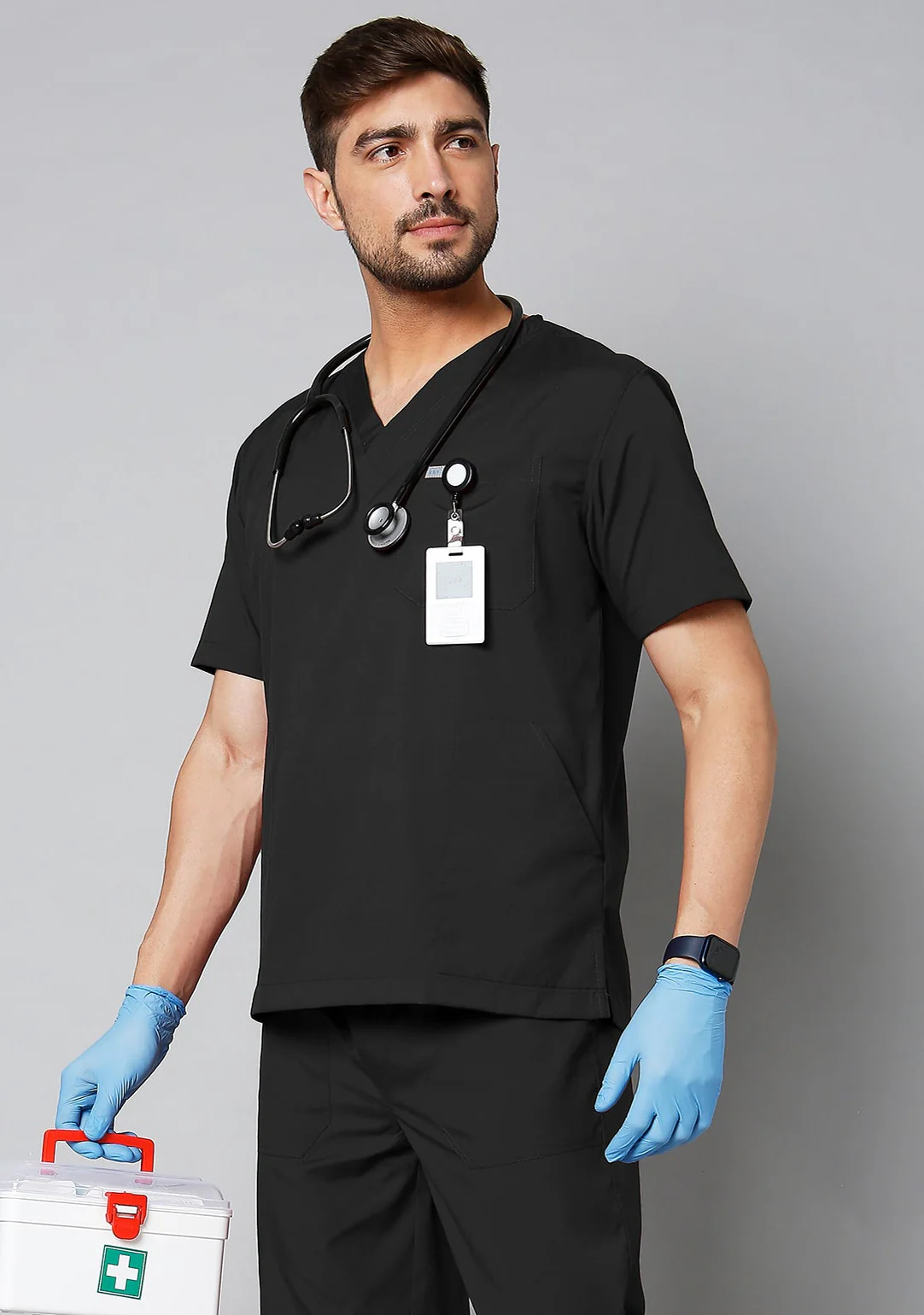 Classic Men's 3-Pocket (Black) Scrub Top
