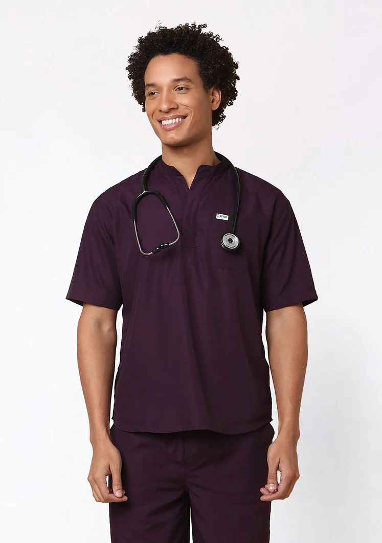 Classic Men's 3-Pocket Mandarin Collar (Wine) Scrub Top